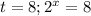 t=8; 2^x=8