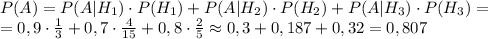 P(A)=P(A|H_1)\cdot P(H_1)+P(A|H_2)\cdot P(H_2)+P(A|H_3)\cdot P(H_3)=\\=0,9\cdot\frac13+0,7\cdot\frac4{15}+0,8\cdot\frac25\approx0,3+0,187+0,32=0,807