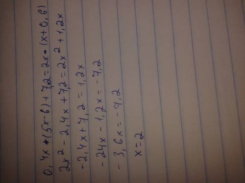 Найдите корень уравнения 0,4x(5x-6)+7,2=2x(x+0,6)