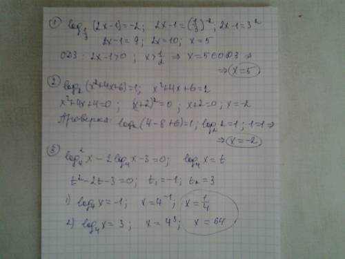 Log 1/3 (2x-1)=-2 logвнизу2 (xквадрат +4х + 6)=1 logквадрат 4внизу х-2log4внизу х -3 = 0