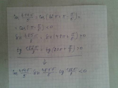 10 класс. решить. определите знак числа cos 314π/5 sin 385π/8 tg 182π/9