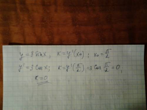 Найдите угловой коэффициент касательной y=3sin x, x=π/2