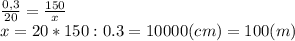 \frac{0,3}{20}= \frac{150}{x} \\ x=20*150:0.3= 10000 (cm) = 100(m)