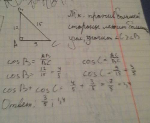 Впрямоугольном треугольнике гипотенуза равна 15 см , а катеты 9 см и 12 см . найдите: а)косинус боль