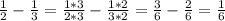 \frac{1}{2} - \frac{1}{3} = \frac{1*3}{2*3} - \frac{1*2}{3*2} = \frac{3}{6} - \frac{2}{6} = \frac{1}{6}