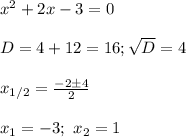 x^2+2x-3=0\\\\&#10;D=4+12=16; \sqrt D=4\\\\&#10;x_{1/2}= \frac{-2\pm4}{2}\\\\&#10;x_1=-3; \ x_2=1