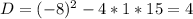 D=(-8)^2-4*1*15=4