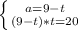 \left \{ {{a=9-t} \atop (9-t)*t=20}} \right.