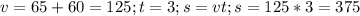 v=65+60=125;&#10;t=3; &#10;s=vt;&#10;s=125*3=375