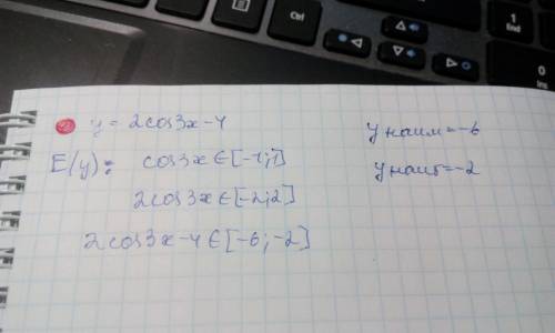 Найдите наибольшее и наименьшее значение функции y=2cos3x-4.