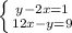 \left \{ {{y-2x=1} \atop {12x-y=9}} \right.