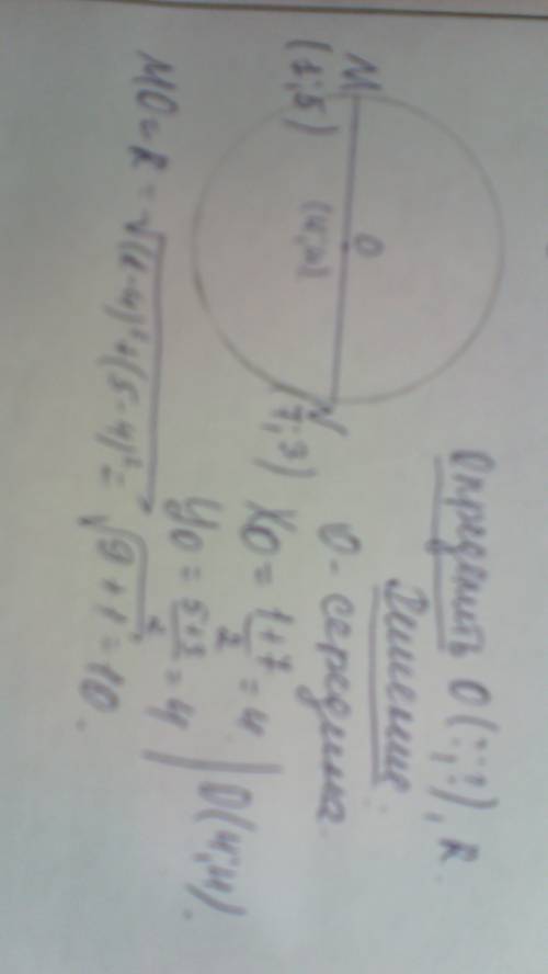 Mn диаметр окружности . определите координаты центра и радиуса окружности , если m (1; 5) и n(7: 3)