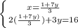 \left \{ {{x= \frac{1+7y}{3} } \atop {2( \frac{1+7y)}{3})+3y=16 }} \right.