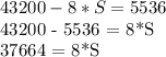 43200 -8*S = 5536 &#10;&#10;43200 - 5536 = 8*S &#10;&#10;37664 = 8*S