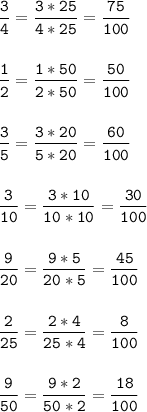 \tt\displaystyle \frac{3}{4} =\frac{3*25}{4*25} =\frac{75}{100} \\\\\\\frac{1}{2}= \frac{1*50}{2*50} =\frac{50}{100} \\\\\\\frac{3}{5} =\frac{3*20}{5*20} =\frac{60}{100} \\\\\\\frac{3}{10} =\frac{3*10}{10*10} =\frac{30}{100} \\\\\\\frac{9}{20} =\frac{9*5}{20*5} =\frac{45}{100} \\\\\\\frac{2}{25} =\frac{2*4}{25*4} =\frac{8}{100} \\\\\\\frac{9}{50} =\frac{9*2}{50*2} =\frac{18}{100} \\\\\\