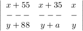 \left|\begin{array}{ccc}x+55&x+35&x\\---&---&-\\y+88&y+a&y\end{array}\right|