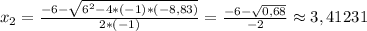 x_2=\frac{-6-\sqrt{6^2-4*(-1)*(-8,83)}}{2*(-1)}=\frac{-6-\sqrt{0,68}}{-2}\approx3,41231