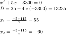 x^2+5x-3300=0 \\ &#10;D=25-4*(-3300)=13235 \\ \\ &#10;x_1= \frac{-5+115}{2} =55 \\ \\ &#10;x_2= \frac{-5-115}{2} =-60