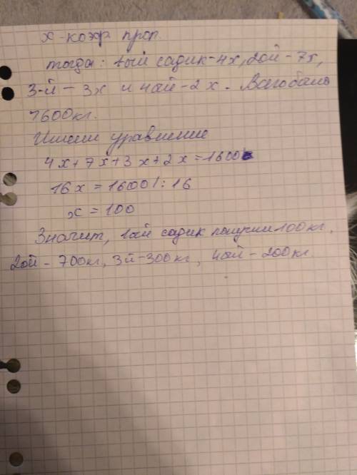 1600 кг. бананов поделили между 4 садиками в соотношении 4: 7: 3: 2сколько кг бананов получил каждый