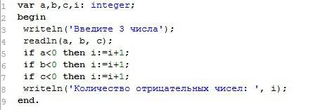 Паскаль. подсчитайте количество отрицательных и положительных чисел среди чисел a,b,c.