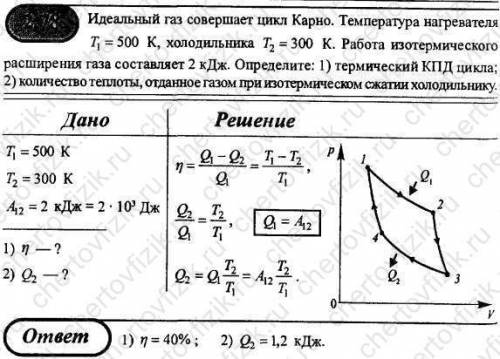 Идеальный газ совершает цикл карно. температура нагревателя т1 = 500 к, холодильника т2 = 300 к. раб