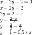 x-2y-2=0 \\ x-2y=2 \\ 2y=2-x \\ y= \frac{2-x}{2} \\ y= \frac{2}{2} - \frac{x}{2} \\ y=1-0.5*x