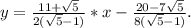 y= \frac{11+ \sqrt{5} }{2( \sqrt{5}-1) } *x- \frac{20-7 \sqrt{5} }{8( \sqrt{5}-1) } .