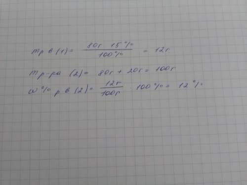 К80г 15-% раствора сульфата натрия прибавили 20г воды. какова массовая доля этой соли в полученном р