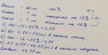 Глубина горного озера к началу лета 60 м. за июнь его уровень понизился на 20 %, а в июле обмелело н