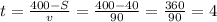 t = \frac{400 - S}{v} = \frac{400 - 40}{90} = \frac{360}{90} = 4