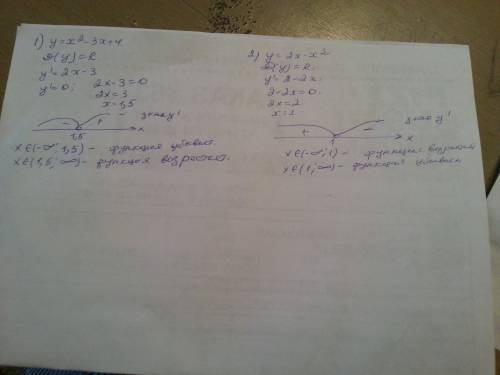 Решите найти интервалы возрастания и убывания функций 1)y=x^2-3x+4 2)y=2x-x^2