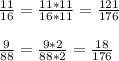 \frac{11}{16} = \frac{11 * 11}{16 *1 1} = \frac{121}{176} \\ \\ \frac{9}{88} = \frac{9*2}{88*2} = \frac{18}{176}