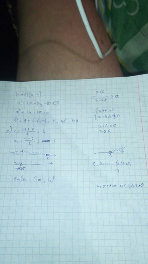 A) (x+5)(x-2)< 0 б) x+6 x-4,5 > 0 б) после x+6 черта деления и x-4,5> 0 и по середине больш