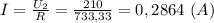 I= \frac{U_2}{R}= \frac{210}{733,33} =0,2864 \ (A)