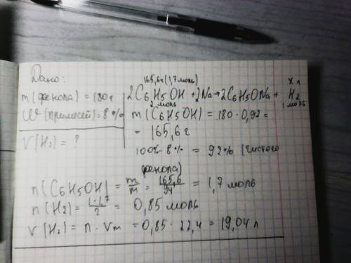 Вычислить объем водорода который образуется при взаимодействии 180г фенола содержащего 8% примесей с