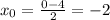 x_{0} = \frac{0-4}{2} =-2