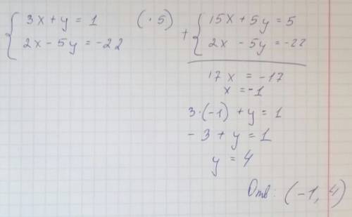 \3x+y=1 \ \2x-5y= -22 метод сложения