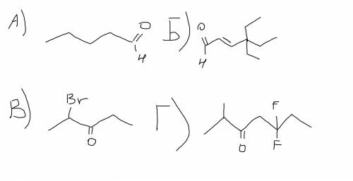 Напишите структурные формулы веществ: а)пентаналь б)4.4-диэтилгексен-2-аль. в)2-бромпентанон-3 г)2-м