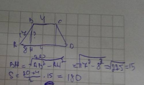 Основание равнобедренной трапеции равны 4 и 20, боковые 17. найдите площадь !