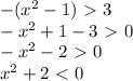 -(x^{2} -1)\ \textgreater \ 3 \\ - x^{2} +1-3\ \textgreater \ 0 \\ - x^{2} -2\ \textgreater \ 0 \\ x^{2} +2\ \textless \ 0