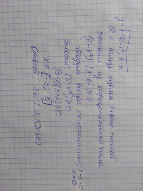 Y=sqrt((9-x^2)|x-6|) найти область определения функции