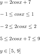 y=2cosx+7\\\\-1 \leq cosx \leq 1\\\\-2 \leq 2cosx \leq 2\\\\5 \leq 2cosx+7 \leq 9\\\\y\in [\, 5,\, 9]