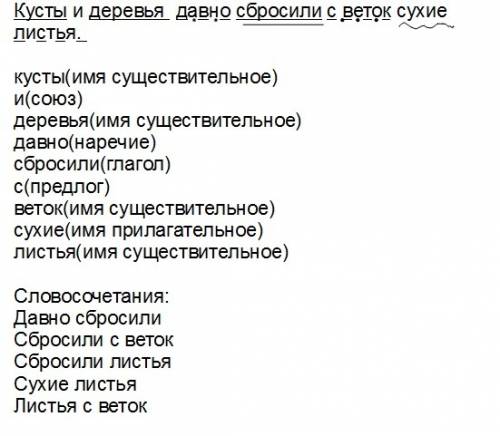 Разбери предложение по составу, укажи части речи, выпиши словосочетания. кусты и деревья давно сброс