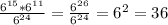 \frac{6^{15}*6^{11}}{6^{24}}=\frac{6^{26}}{6^{24}}=6^2=36