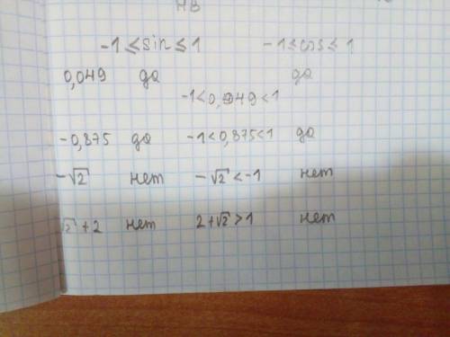 Выяснить,может ли sin a и cos a быть равным : 0, 049 ; -0,875 ; -корень из 2; 2+ корень из 2