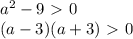 a^2-9\ \textgreater \ 0\\(a-3)(a+3)\ \textgreater \ 0