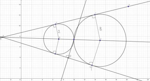 Два круга касаются снаружи в точке а. найти длину их общей внешней касательной и расстояние от точки