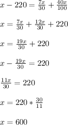 x-220= \frac{7x}{30} + \frac{40x}{100} \\ \\&#10;x= \frac{7x}{30} + \frac{12x}{30} +220\\ \\&#10;x= \frac{19x}{30} +220\\ \\&#10;x- \frac{19x}{30} =220\\\\&#10; \frac{11x}{30}=220\\ \\&#10;x=220* \frac{30}{11} \\ \\&#10;x=600