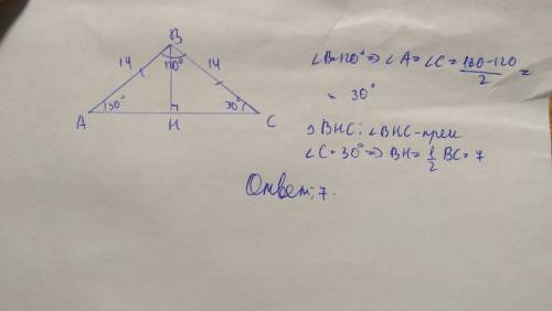 Вр|б треугольнике один из углов 120°. длина боковой стороны равна 14 см. найдите длину высоты, опуще