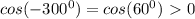 cos(-300^0)=cos(60^0)\ \textgreater \ 0